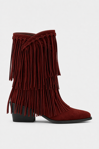 Bottes Mi-Mollet en Suédine Bordeaux à Franges