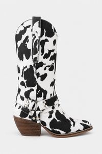 Bottes Santiags Mi-Mollet à Imprimé Vache Noir et Blanc