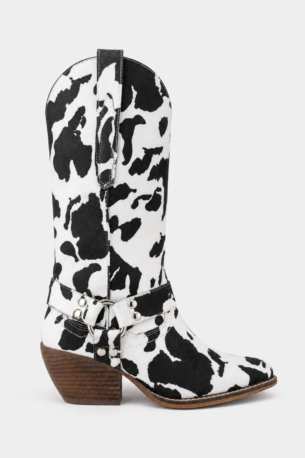 Bottes Santiags Mi-Mollet à Imprimé Vache Noir et Blanc