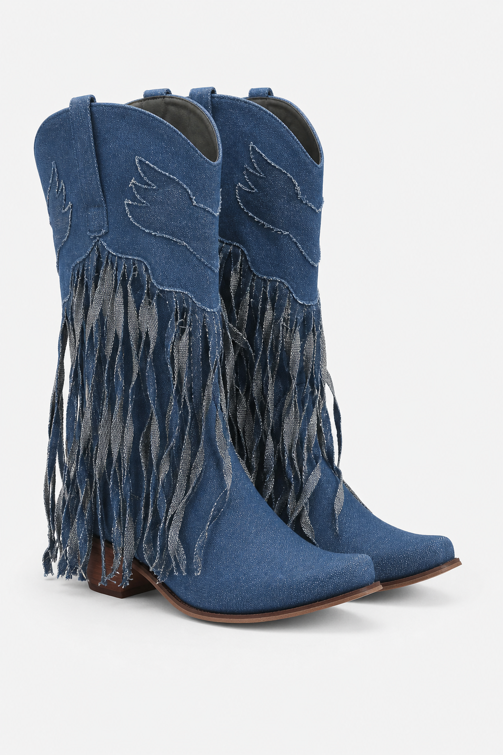 Bottes Country en Denim Bleu à Ailes Brodées et Franges