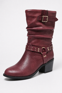 Bottes en Similicuir Bordeaux Plissées à Sangle Cloutée Mi-Mollet