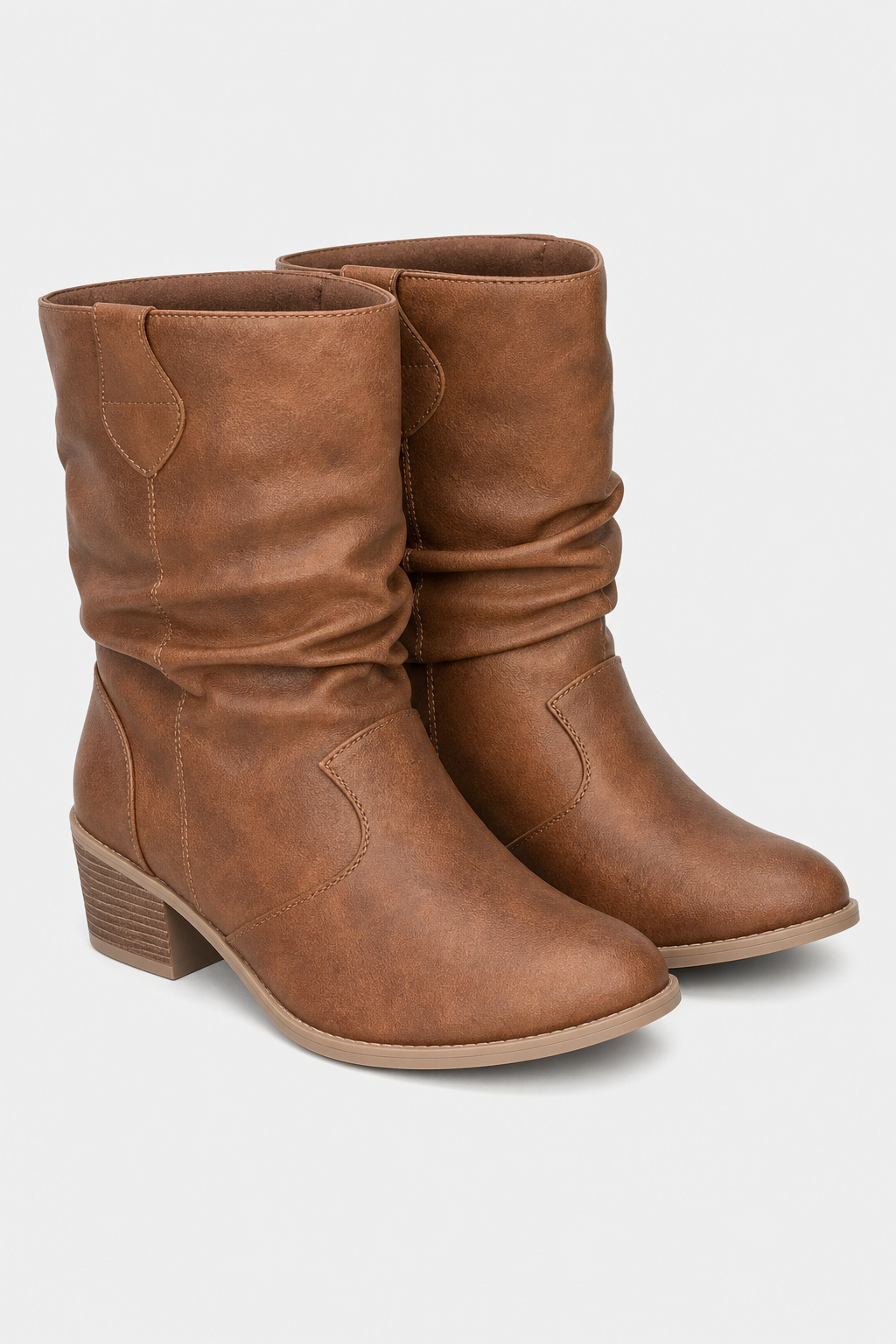 Bottes en Similicuir Marron Froncées à Talon Carré