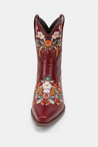 Bottes Santiags en Similicuir Bordeaux à Motifs Floraux