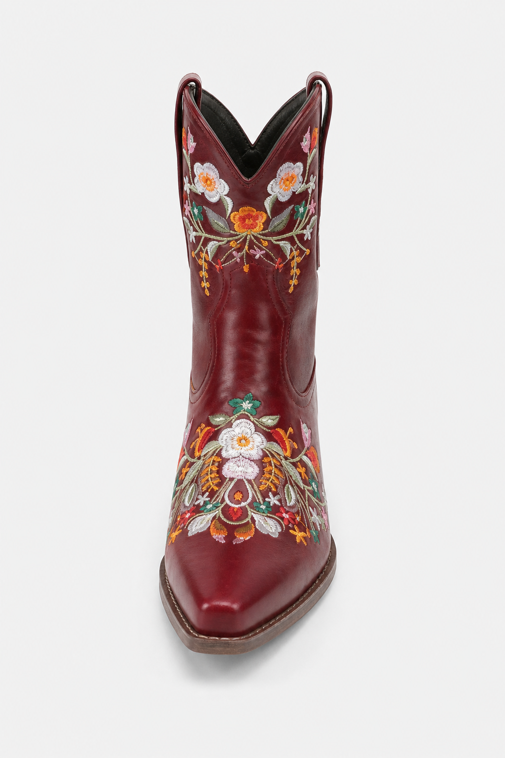 Bottes Santiags en Similicuir Bordeaux à Motifs Floraux