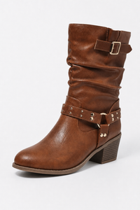 Bottes en Similicuir Marron Cognac Froncées à Clous