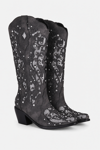Bottes Santiags Grises en Daim à Motifs Brodés et Strass