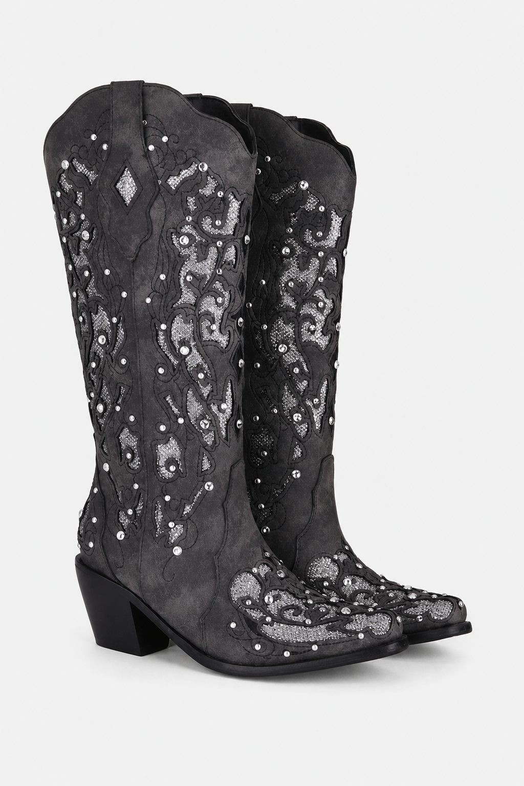 Bottes Santiags Grises en Daim à Motifs Brodés et Strass