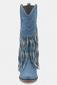 Bottes Santiags en Jean Bleu avec Motifs Ailés et Franges