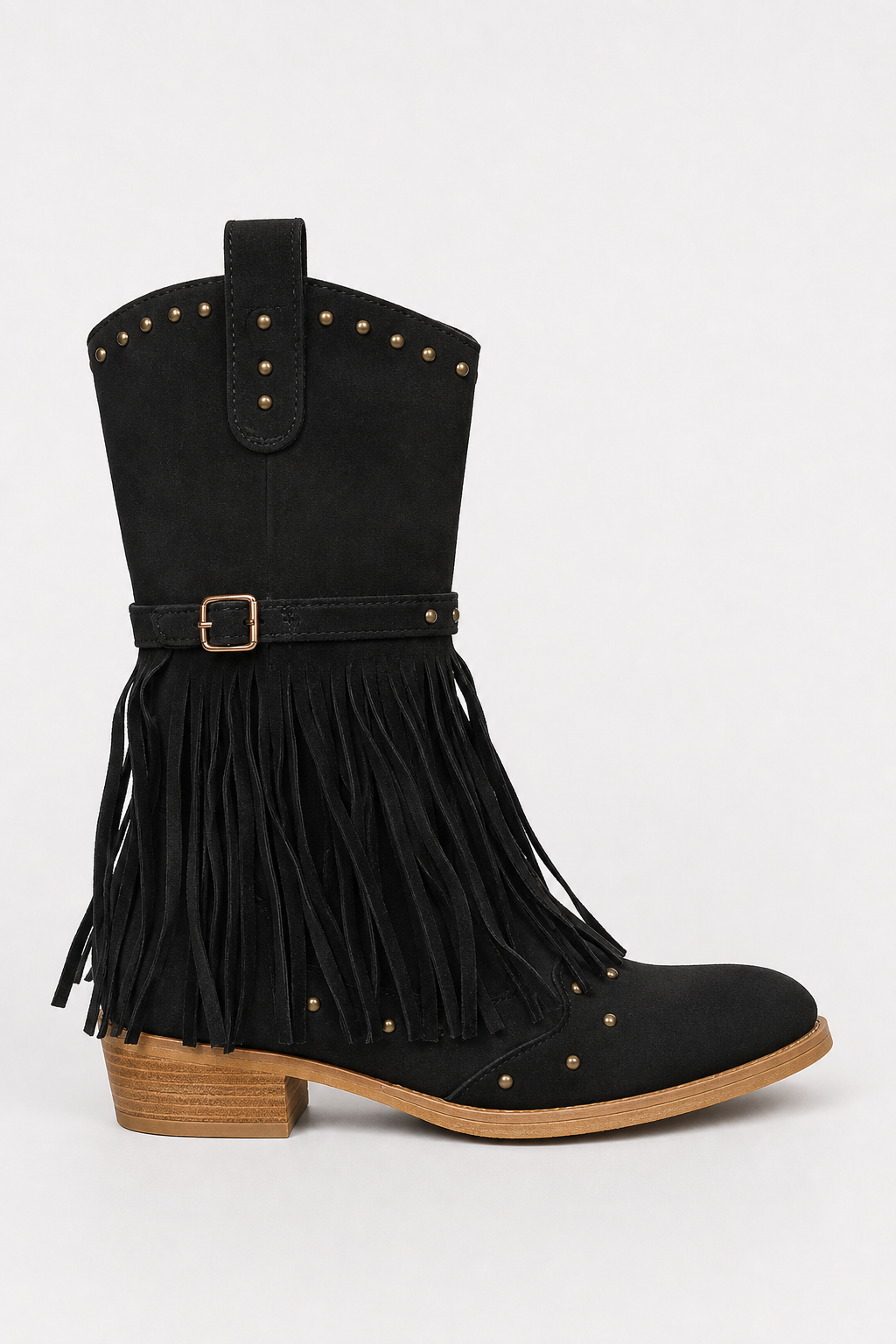 Bottes Western Noires en Daim à Franges et Clous