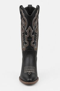 Bottes Santiags Mi-Mollet Noires à Broderies Blanches et Marron