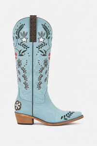 Bottes Santiags en Daim Bleu Ciel à Motifs Brodés