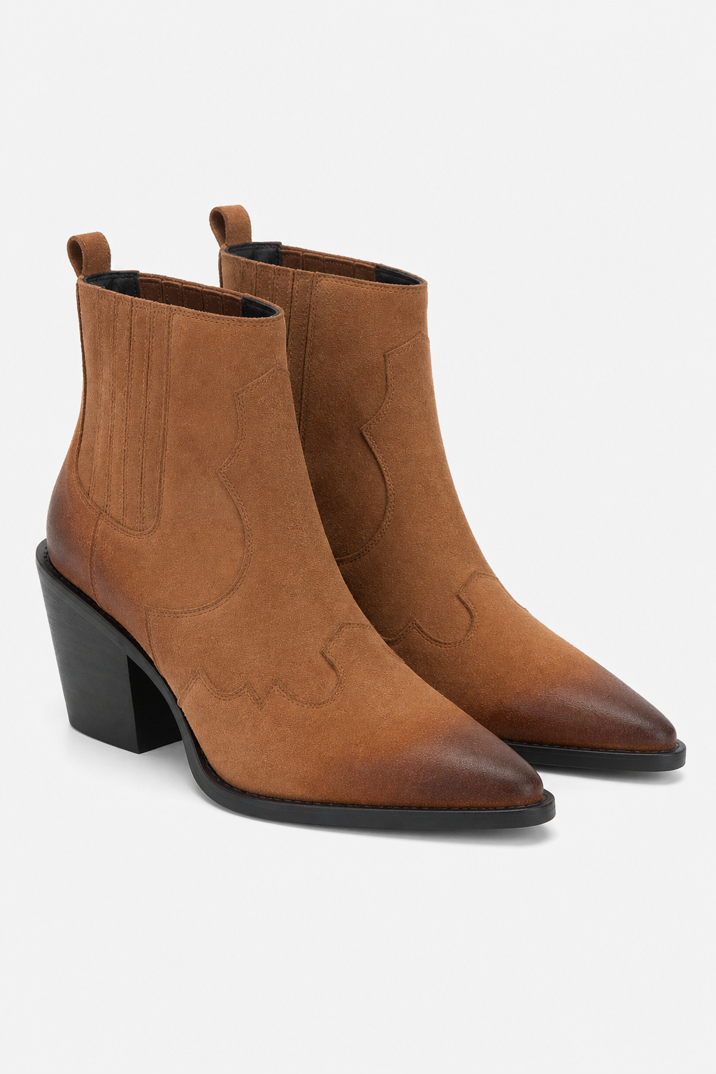 Bottines Santiag en Daim Fauve à Bout Pointu Ombré