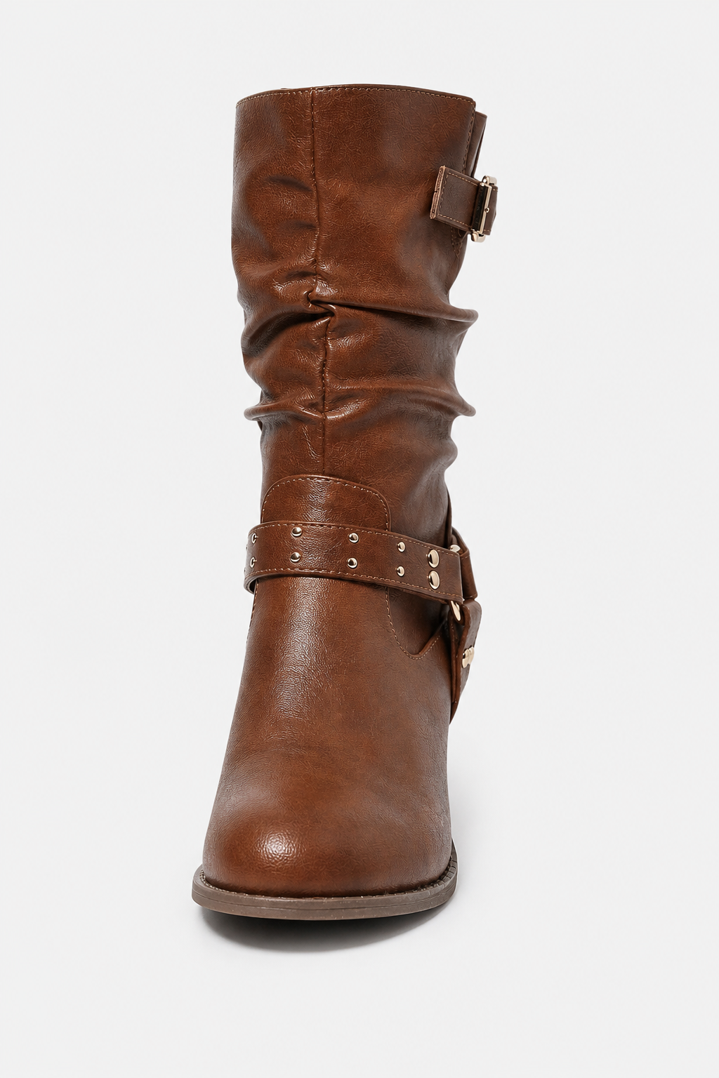 Bottes en Similicuir Marron Cognac Froncées à Clous