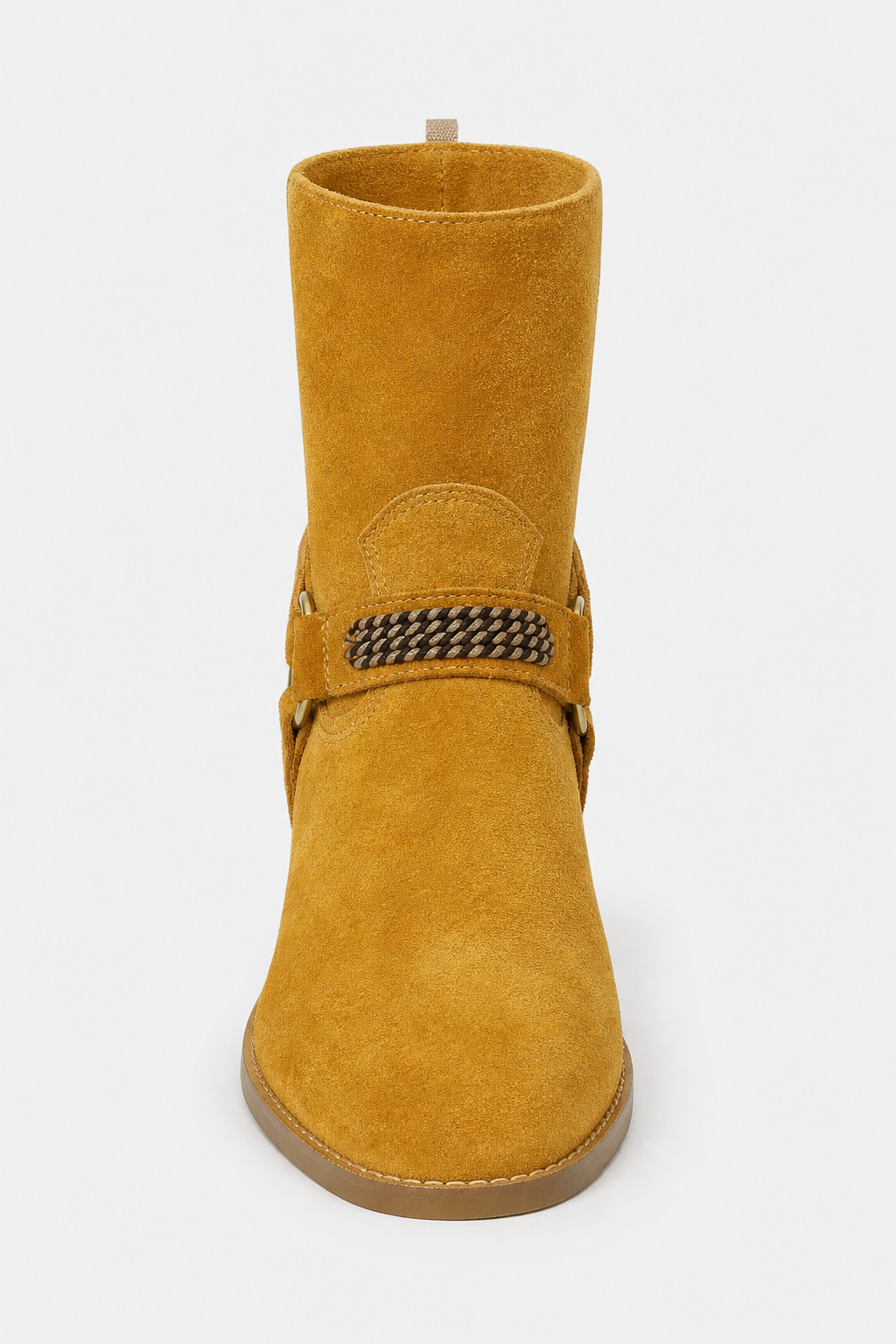 Bottines en Daim Jaune Ocre avec Chaîne et Talon Bloc