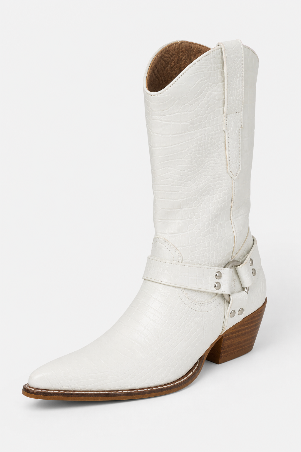 Bottes Santiags Blanches à Effet Croco et Sangle Harnais