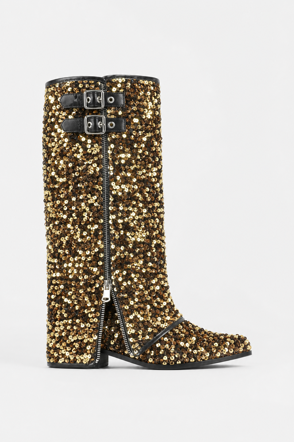 Bottes Santiags à Paillettes Dorées et Boucles Noires