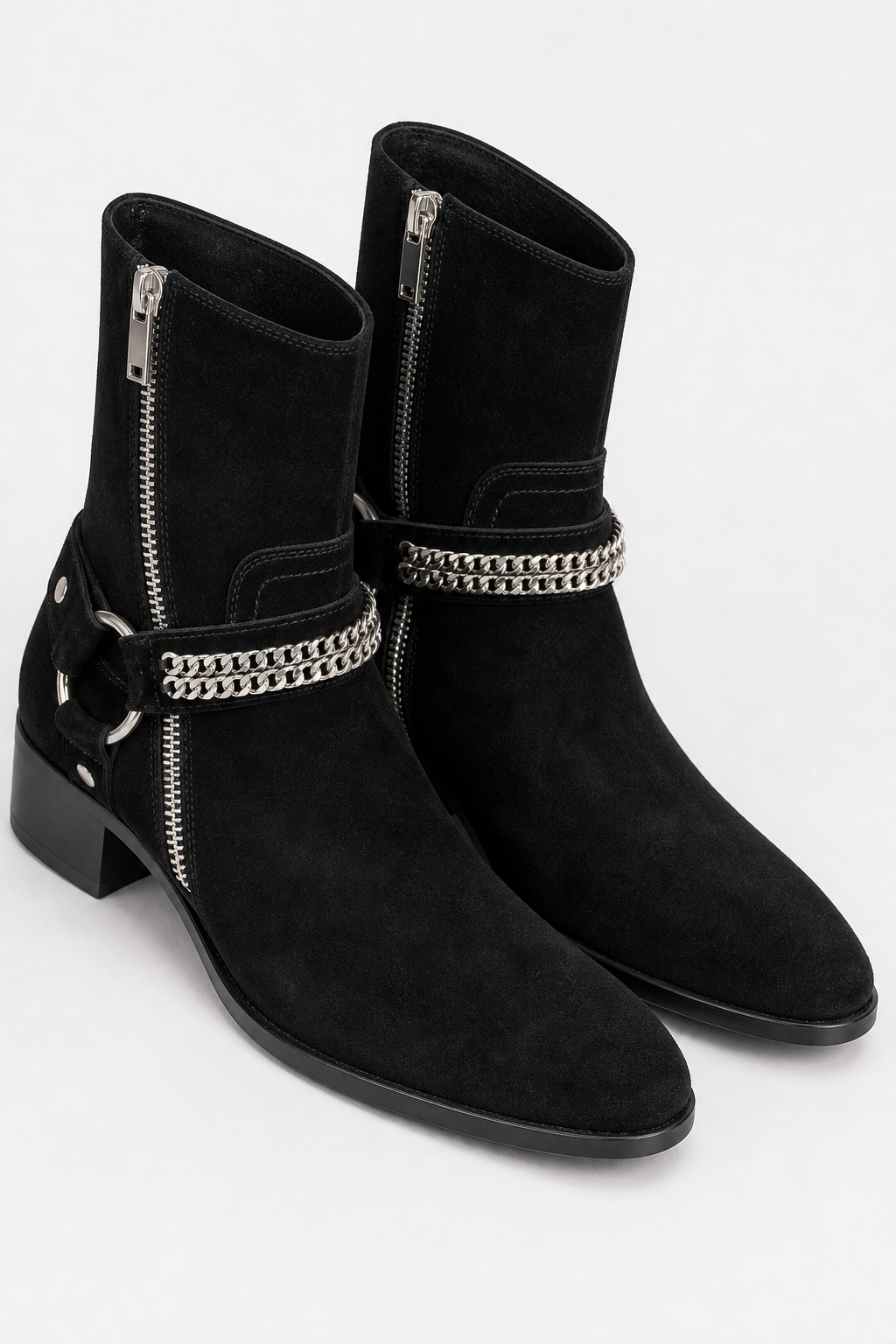 Bottines en Daim Noir à Chaîne et Harnais