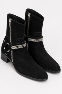 Bottines en Daim Noir à Chaîne et Harnais