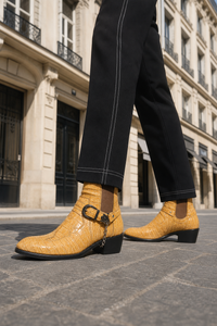 Bottines Santiags Basses Jaune Effet Croco à Chaîne