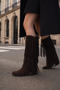 Bottes en Daim Marron Foncé à Franges Mi-Mollet
