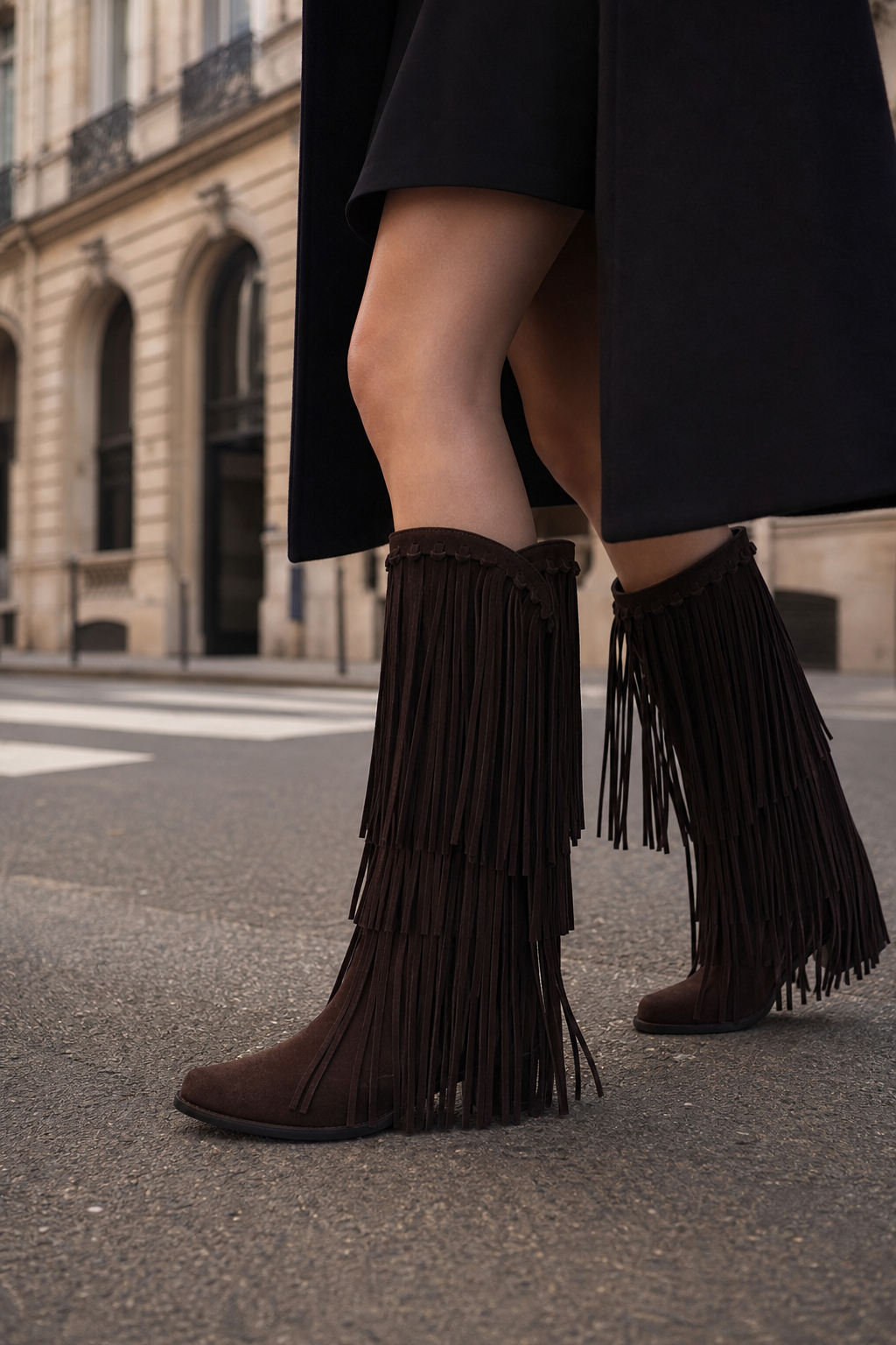Bottes en Daim Marron Foncé à Franges Mi-Mollet