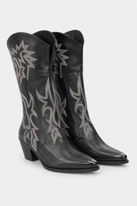 Bottes Santiags Hautes en Similicuir Noir à Broderies Argentées