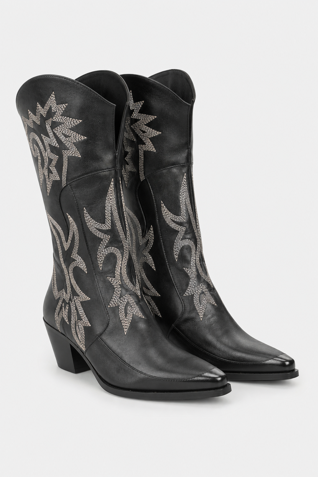 Bottes Santiags Hautes en Similicuir Noir à Broderies Argentées