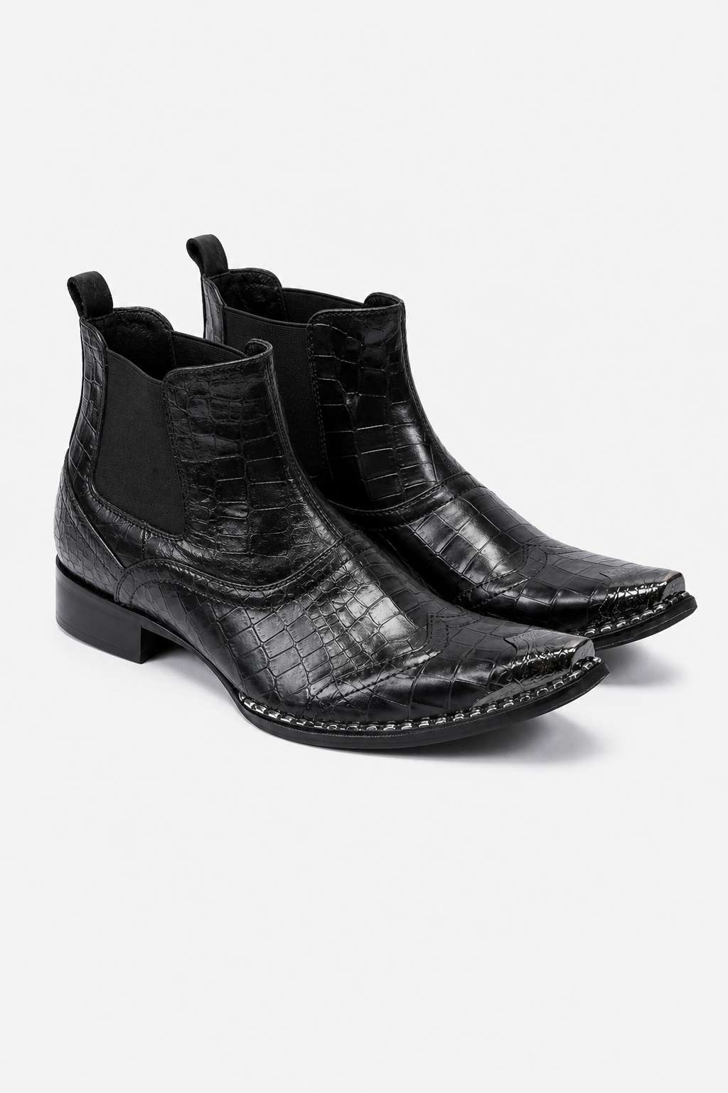 Bottines Homme Noires Façon Croco à Bout Pointu Métal