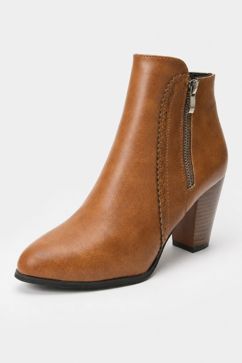 Bottines Camel à Talon Bloc avec Bordure Festonnée
