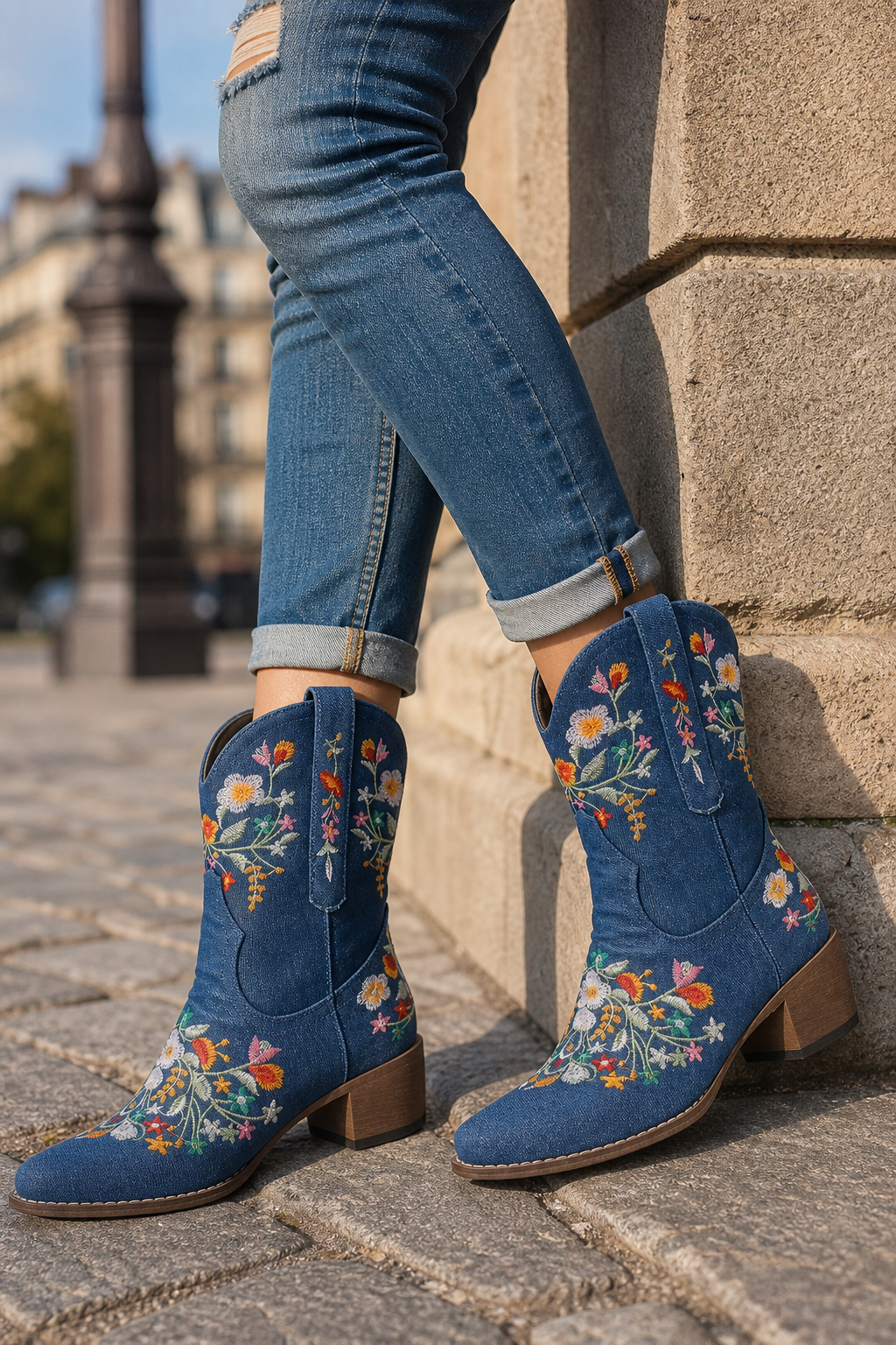 Bottines Santiags en Jean Bleu à Broderies Florales