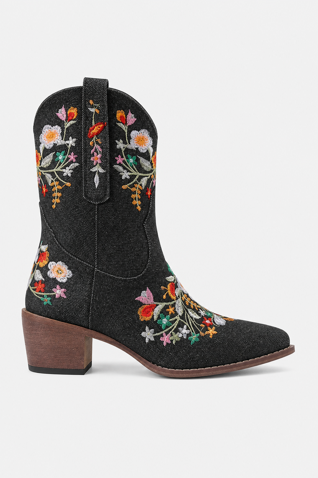 Bottes Santiags Noires à Motifs Floraux Brodés