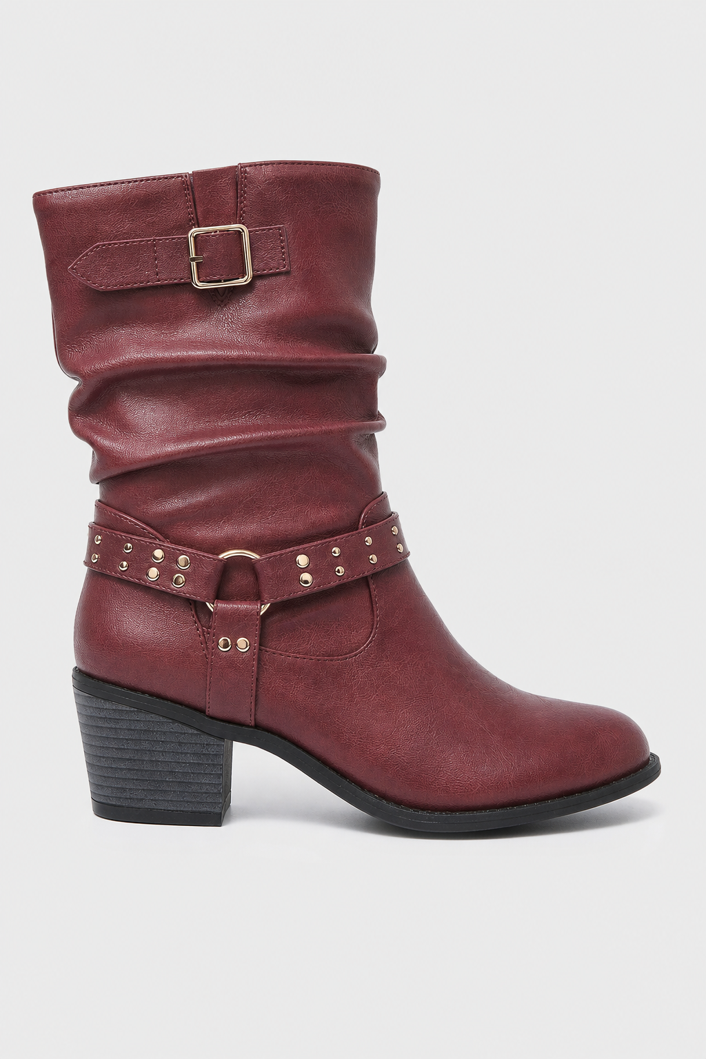 Bottes en Similicuir Bordeaux Plissées à Sangle Cloutée Mi-Mollet