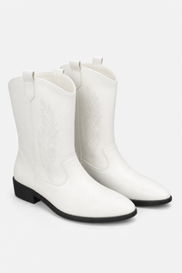 Bottes de Cowboy Blanches Mi-Mollet à Motifs Brodés