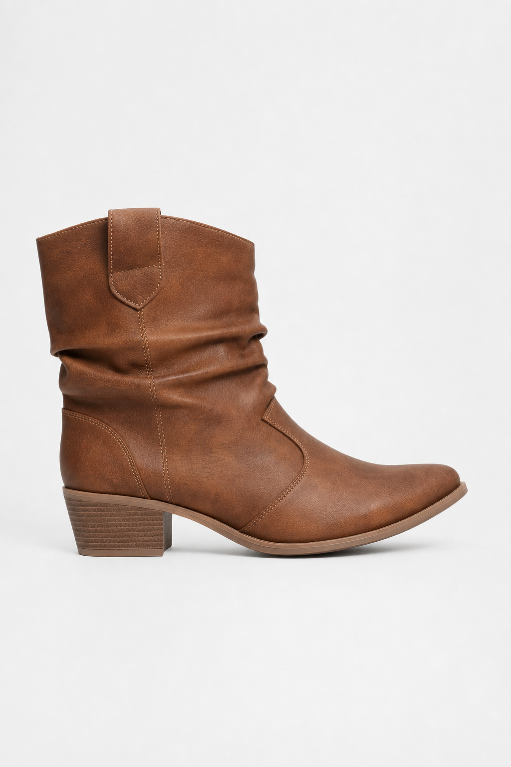 Bottes en Similicuir Marron Froncées à Talon Carré