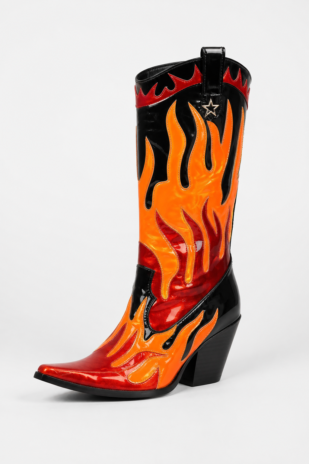 Bottes Santiags Vernies Noires à Flammes Oranges