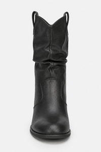 Bottes en Similicuir Noir Froncées à Talon Carré