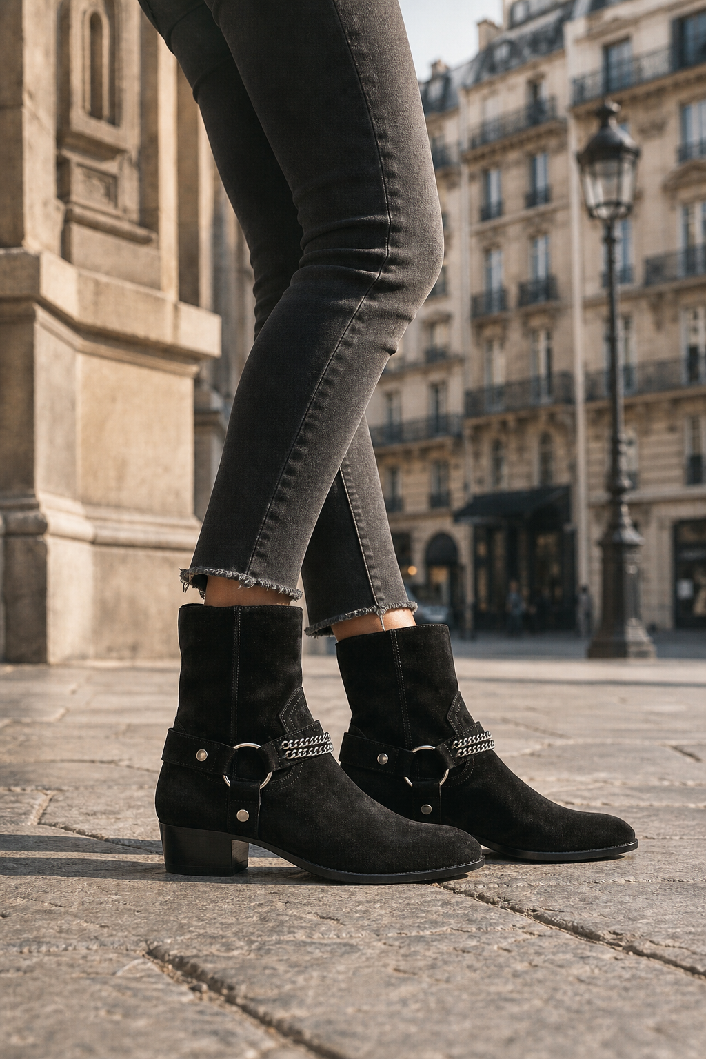 Bottines en Daim Noir Style Harnais à Chaîne