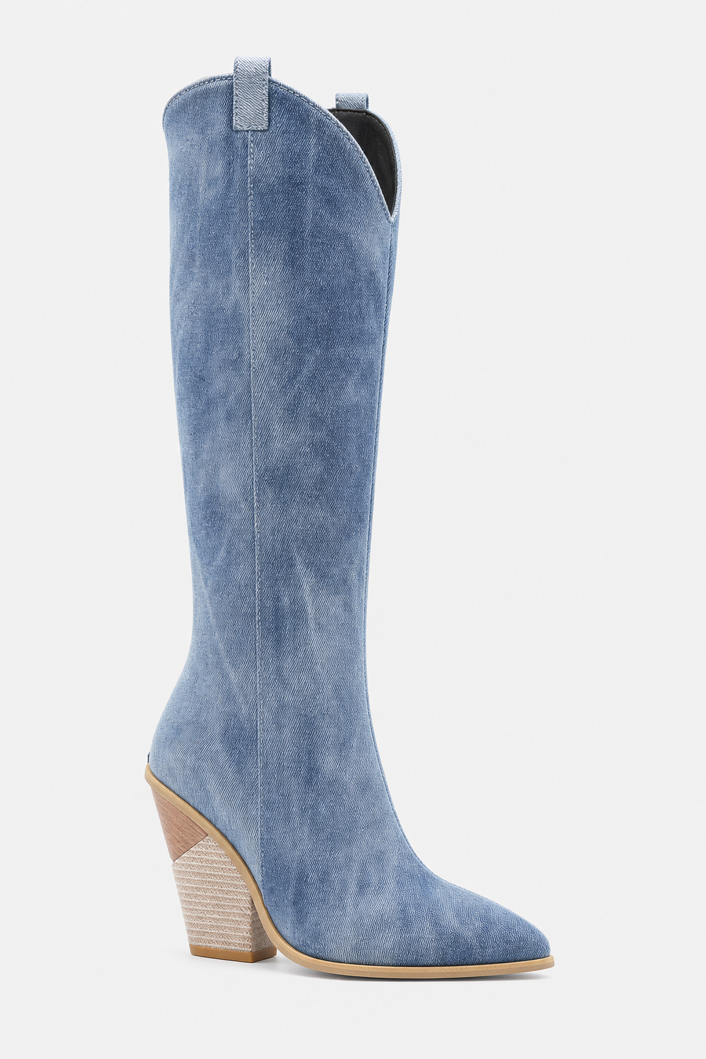 Bottes Santiags en Jean Bleu Lavé à Talon Compensé