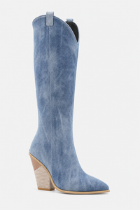 Bottes Santiags en Jean Bleu Lavé à Talon Compensé