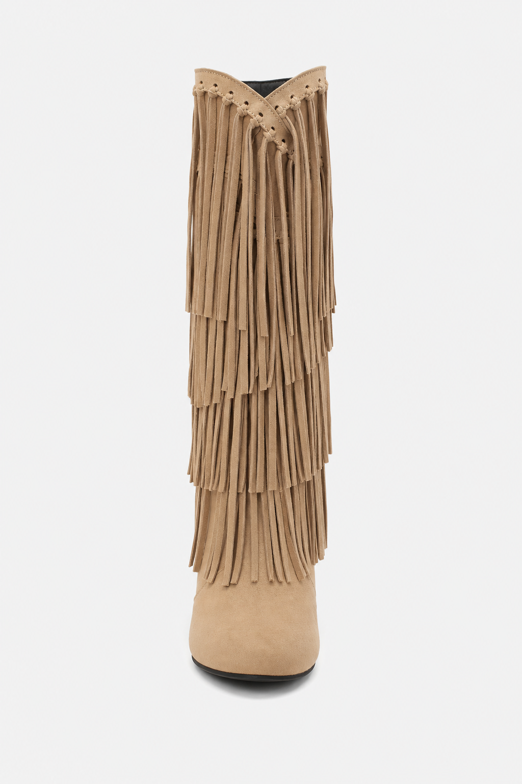 Bottes Hautes en Daim Beige à Franges et Talon