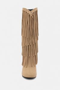 Bottes Hautes en Daim Beige à Franges et Talon
