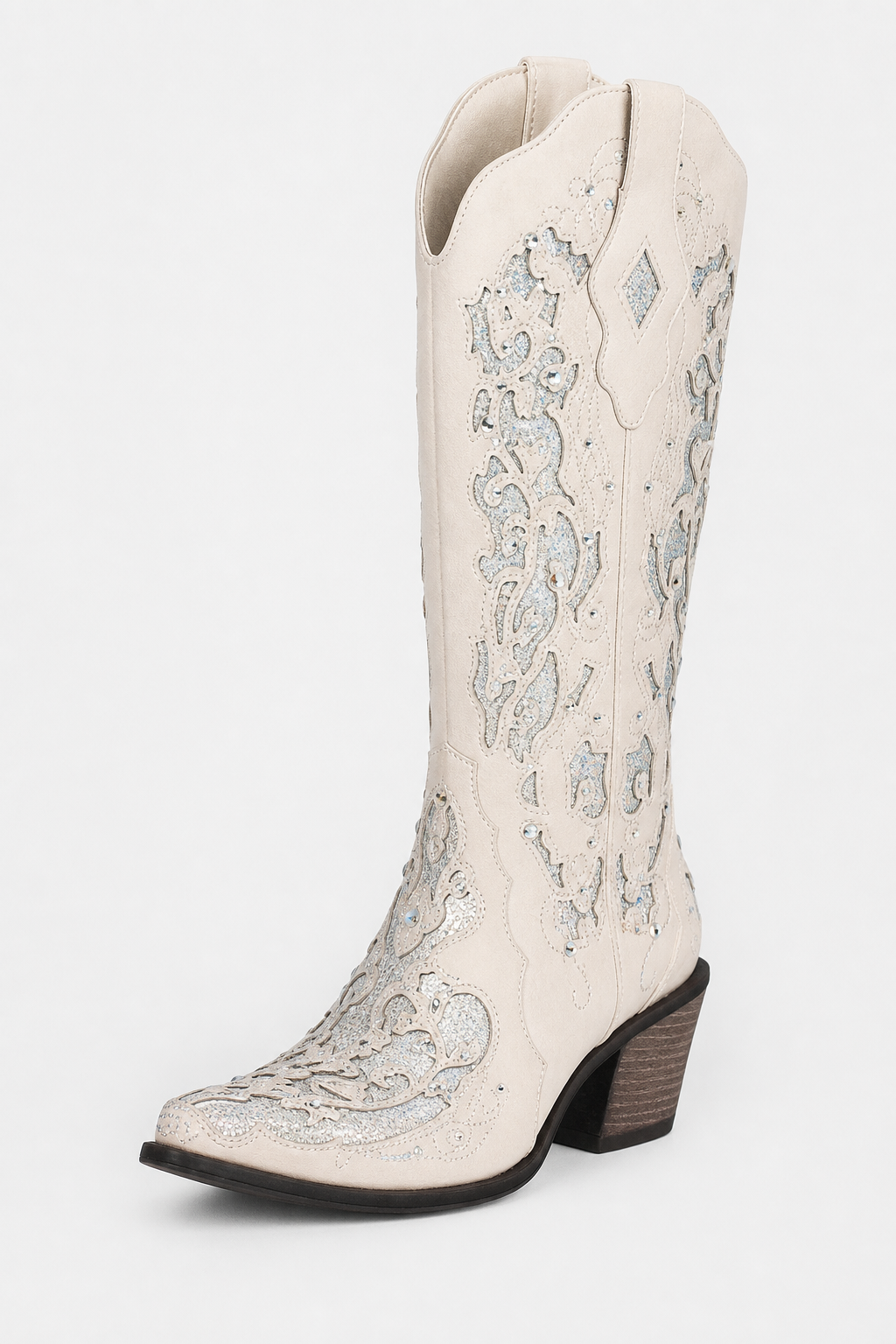 Bottes Western Crème à Broderies Argentées Brillantes