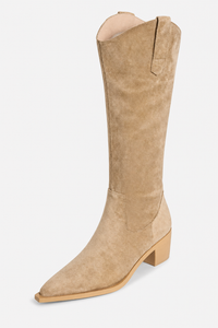 Bottes Santiags Hautes en Daim Beige à Bout Pointu