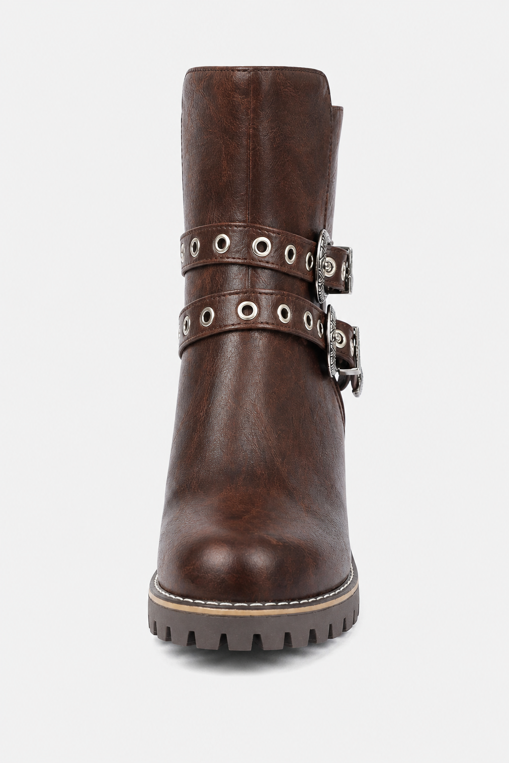 Bottines Biker en Similicuir Marron à Boucles Ornées
