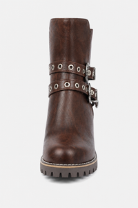 Bottines Biker en Similicuir Marron à Boucles Ornées