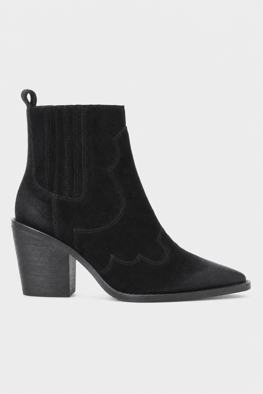Bottines Santiags en Daim Noir à Bout Pointu et Talon Bloc