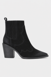Bottines Santiags en Daim Noir à Bout Pointu et Talon Bloc
