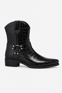 Bottines Homme Noires Façon Croco à Sangle Harnais