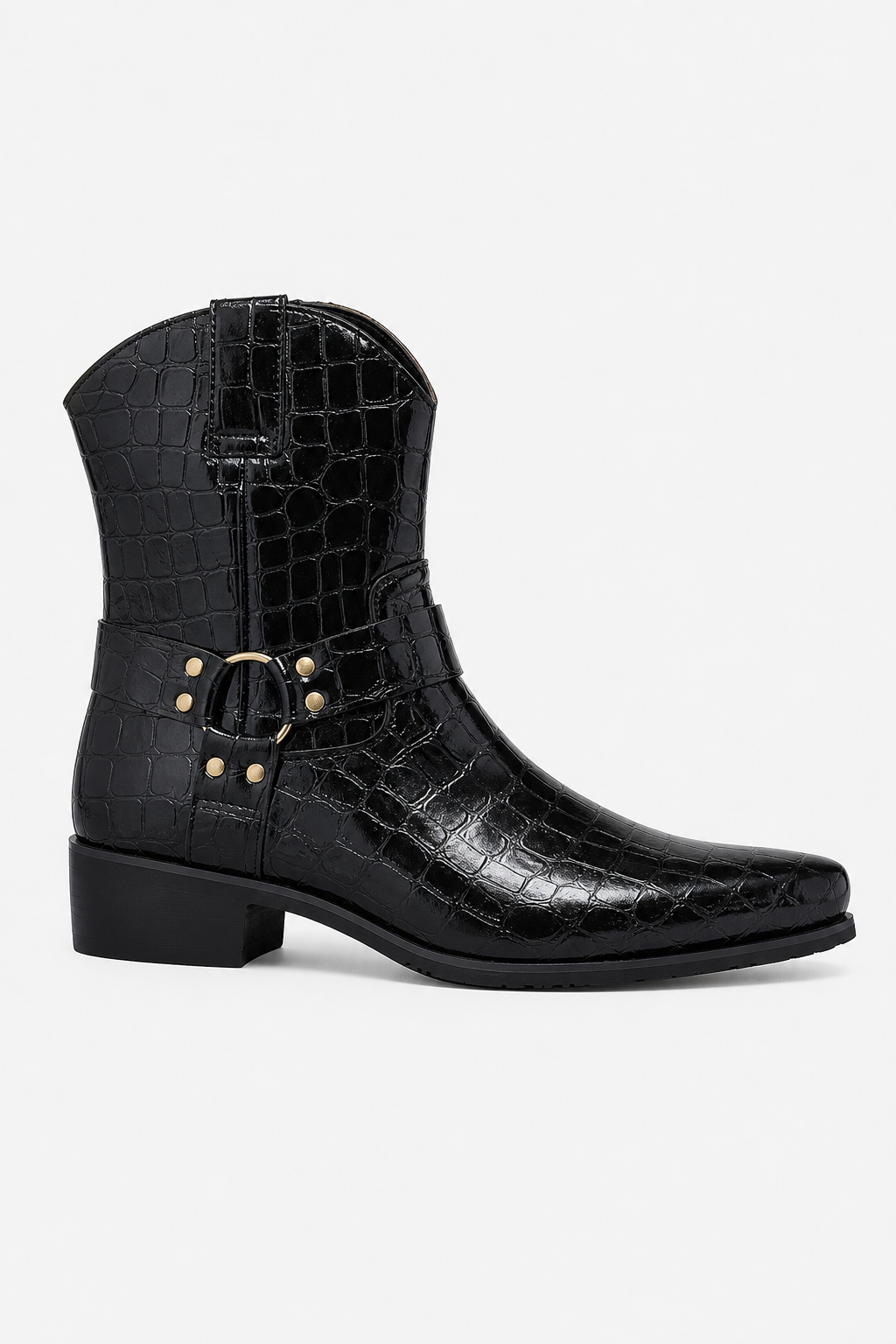 Bottines Homme Noires Façon Croco à Sangle Harnais