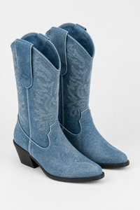 Bottes Santiags en Denim Bleu Délavé Brodées à Talon de 5 cm